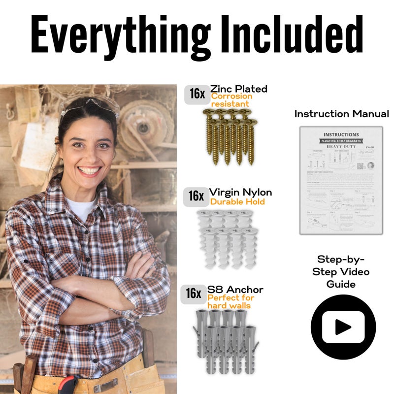 EVALD Heavy Duty Floating Shelf Bracket | 8-Inch Floating Mantel Mount, Blind Shelf Supports, and Anchors | Floating Shelf Hardware for Home and Office Decor | Fireplace Mantel Brackets (4 Pack) - Image 5